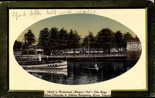 Passepartout Ak Klein Glienicke Potsdam, Hotel Restaurant Bürgers Hof, Inh. Otto Buge, Anlegestelle