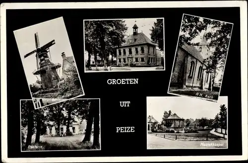Ak Peize Drenthe Niederlande, Korenmolen, Gemeentshuis, N.H. Kerk, Pastorie, Muziekkoepel