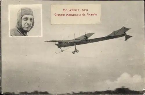 Ak Souvenir des Grandes Manoeuvres de Picardie, Flugzeug, Pilot