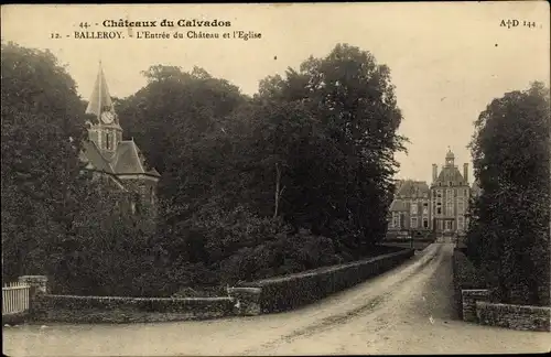 Ak Balleroy Calvados, Entrée du Château et Église