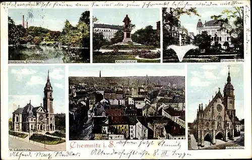 Ak Chemnitz in Sachsen, Jakobikirche, Dresdener Bank, Körnerdenkmal, Lukaskirche