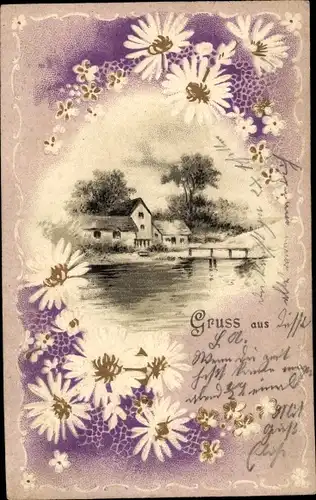 Präge Litho Kitsch, Landschaft, Haus am Ufer, Blüten