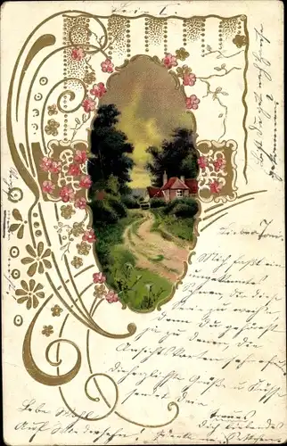 Präge Litho Kitsch, Landschaft mit Haus, Blüten