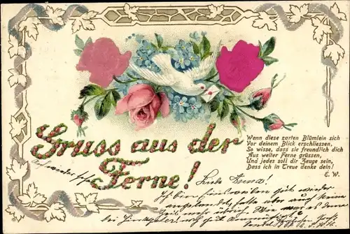 Stoff Litho Gruß aus der Ferne, Taube, Rosen, Vergissmeinnicht