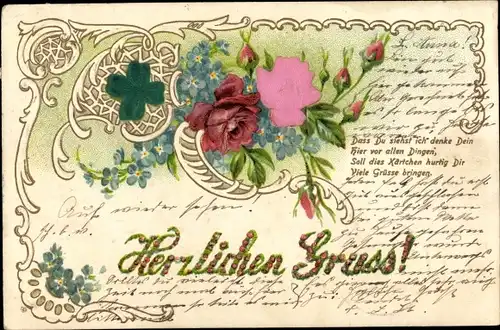 Stoff Litho Herzlichen Gruß, Rosenblüten, Vergissmeinnicht, Kleeblatt