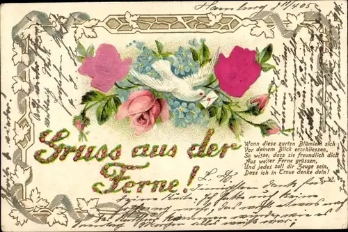 Stoff Litho Gruß aus der Ferne, Taube, Rosenblüten, Vergissmeinnicht