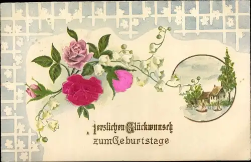 Stoff Litho Glückwunsch Geburtstag, Rosenblüten, Haus