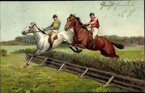 Künstler Ak Springreiter beim Sprung über ein Hindernis, Pferde