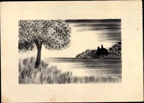 Handgemalt Ak Landschaft, Kirche, Baum, Gewässer