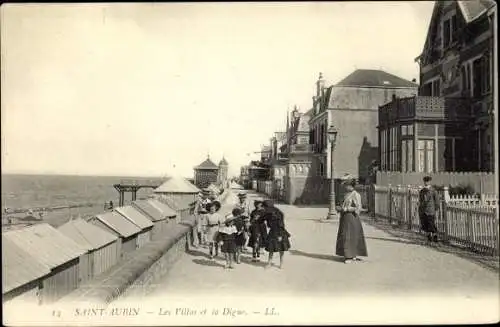 Ak Saint Aubin sur Mer Calvados, Les Villas et la Digue