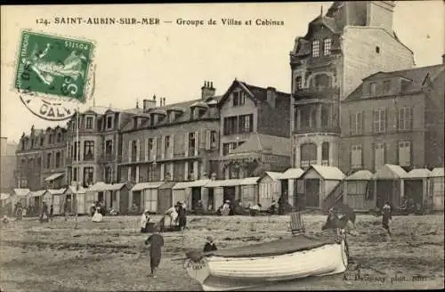 Ak Saint Aubin sur Mer Calvados, Groupe de Villas et Cabines, Boot