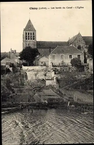 Ak Checy Loiret, Bords du Canal, l´Église