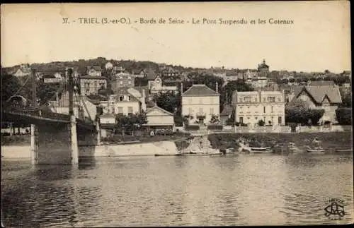 Ak Triel sur Seine Yvelines, Bords de Seine, Le Pont Suspendu et les Coteaux