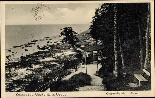 Ak Ostseebad Ückeritz auf Usedom, Ostsee Baude, Strand