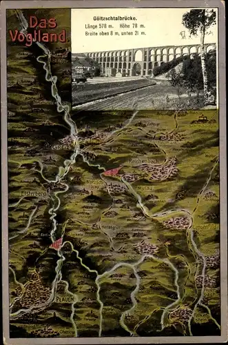Landkarten Ak Plauen im Vogtland, Götzschtalbrücke, Elsterberg, Reichenbach