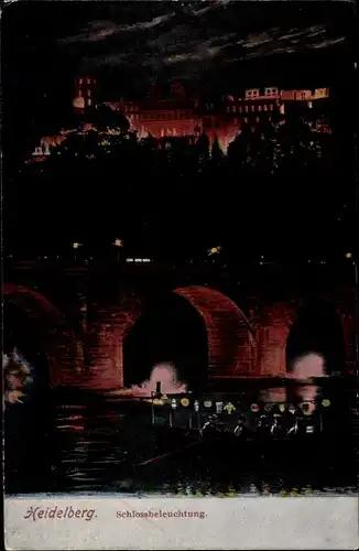 Künstler Ak Heidelberg am Neckar, Schlossbeleuchtung, Boot, Nacht