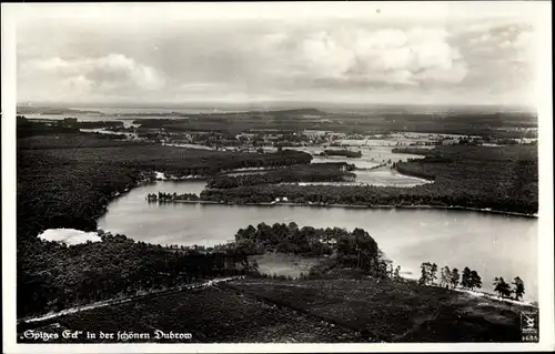 Ak Heidesee in Brandenburg, Fliegeraufnahme vom Spitzen Eck in der Dubrow, Seenlandschaft, Wald