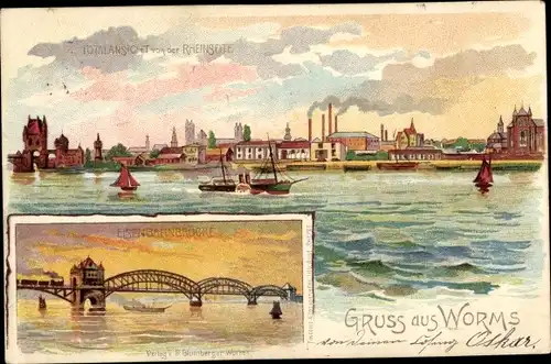 Litho Worms am Rhein, Panorama, Eisenbahnbrücke
