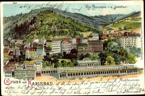 Litho Karlovy Vary Karlsbad Stadt, Panorama mit Mühlbrunnen Kolonnade