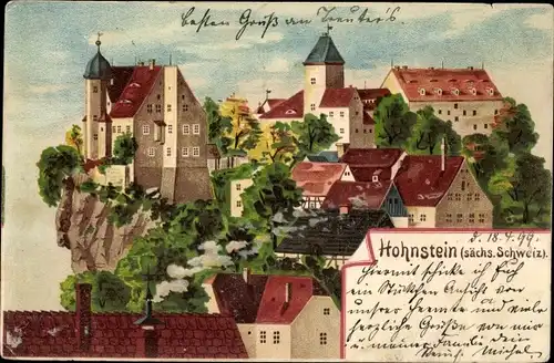 Litho Hohnstein Sächsische Schweiz, Burg, Wohnhäuser