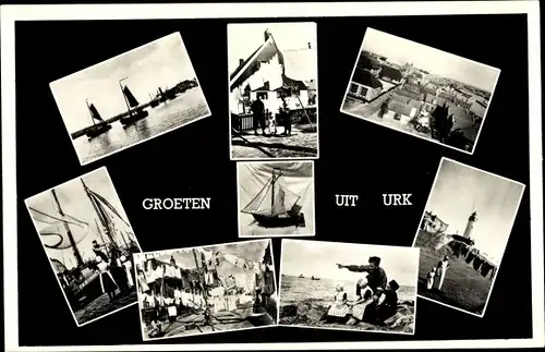 Ak Urk Flevoland Niederlande, Teilansicht, Leuchtturm, Hafenpartie