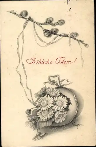 Künstler Ak Glückwunsch Ostern, Weidenkätzchen, Blumen