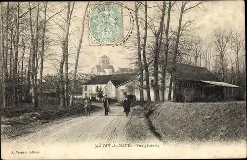 Ak Saint Loup de Naud Seine et Marne, vue générale, piétons