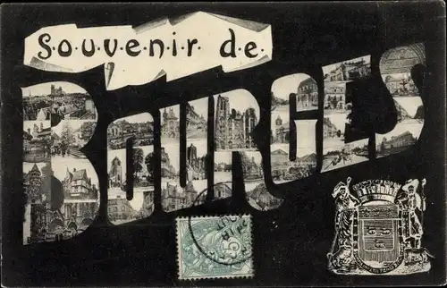 Buchstaben Ak Bourges Cher, Souvenir, Vues diverses de la Ville avec Écusson