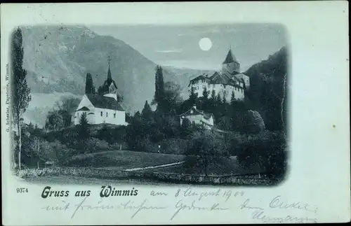 Mondschein Ak Wimmis Kanton Bern, Kirche, Schloss