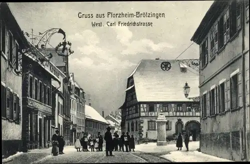 Ak Brötzingen Pforzheim im Schwarzwald, Carl Friedrich Straße, Winter, Gasthaus Krone