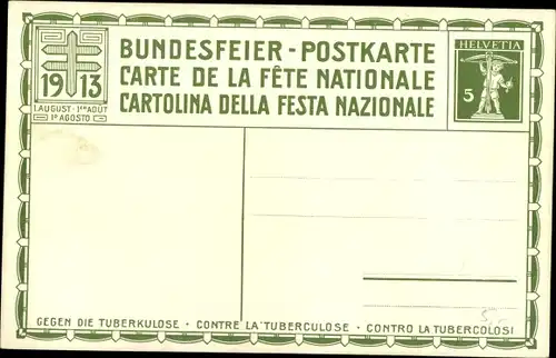 Ganzsachen Künstler Ak Bächliger, A. M., Schweizer Bundesfeier 1913, Gegen die Tuberkulose