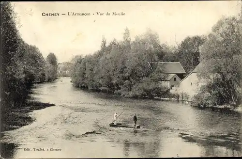 Ak Cheney Yonne, L´Armançon, Vue du Moulin, Pêcheurs