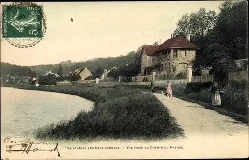 Ak Saint Jean les Deux Jumeaux Seine et Marne, vue prise du Chemin du Halage, femmes avec chiens