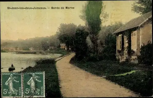 Ak Saint Jean les Deux Jumeaux Seine et Marne, Bords de Marne, maison, bateau à rames