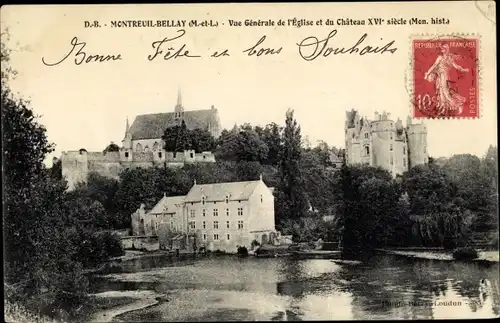 Ak Montreuil Bellay Maine et Loire, Vue Générale de l'église et du Château