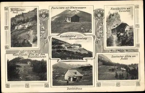 Ak Verschiedene Ansichten von Berghütten, Sparbacherhütte am Faden, Fischerhütte mit Klosterwappen