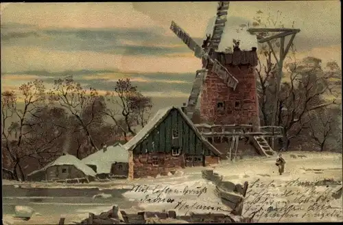 Künstler Ak Winterlandschaft mit Windmühle