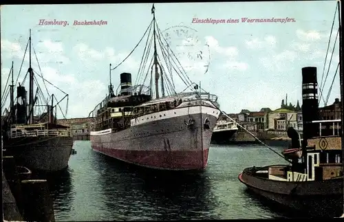 Ak Hamburg, Baakenhafen, Einschleppen eines Woermanndampfers