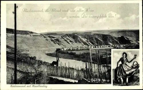 Ak Niederemmel Piesport, Panorama, Mosellorelay, Frau mit Römer, Wein
