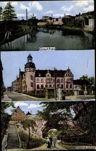 Ak Glauchau in Sachsen, Postamt, Tunnel, Flusspartie
