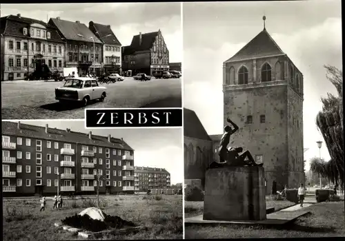 Ak Zerbst in Anhalt, Neubauten am Teufelsstein, OdF-Denkmal und Bartholomäiturm