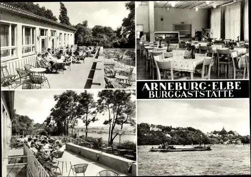 Ak Arneburg an der Elbe, Burggaststätte, Außen- und Innenansichten, Panorama