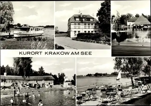 Ak Krakow am See in Mecklenburg Vorpommern, Seebad, Terrasse Gasthaus, Ausflugsschiff Frauenlob
