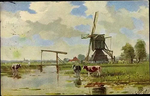 Künstler Ak Oudes, Landschaft mit Windmühle, Rinder