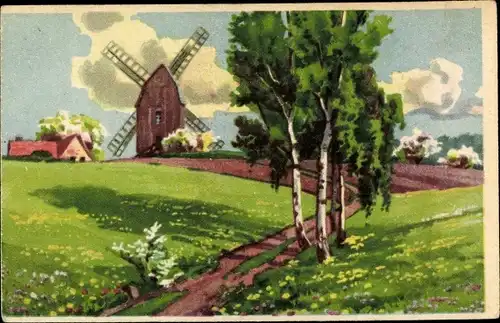 Künstler Ak Landschaft mit Windmühle