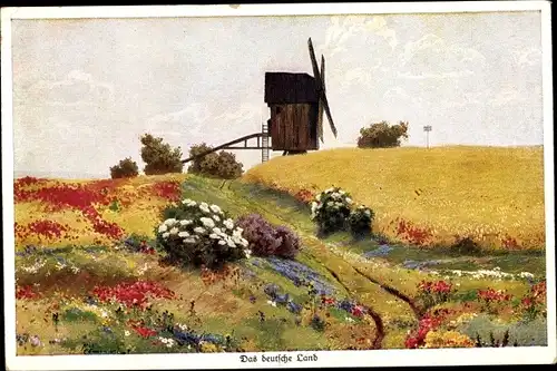 Künstler Ak Das deutsche Land, Landschaft mit Windmühle