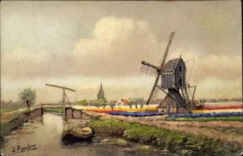 Künstler Ak Niederländische Landschaft mit Windmühle, Blumenfeld