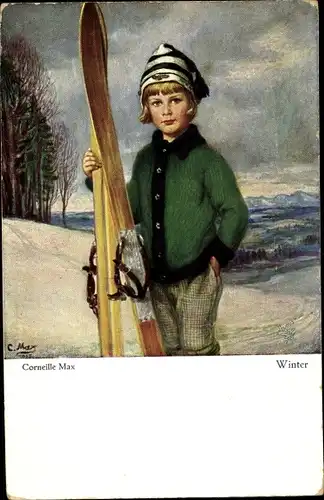 Künstler Ak Corneille, Max, Winter, Junge mit Skiern