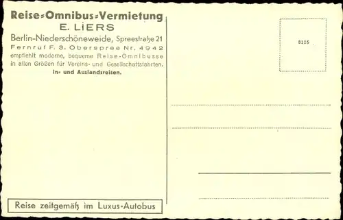 Ak Berlin Treptow Niederschöneweide, Reise Omnibus Vermietung E. Liers, Spreestraße 21