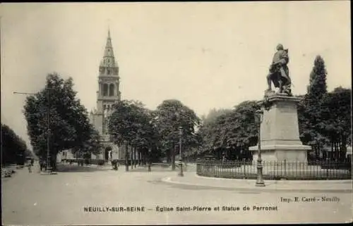 Ak Neuilly sur Seine Hauts de Seine, Église Saint Pierre, Statue du Perronet